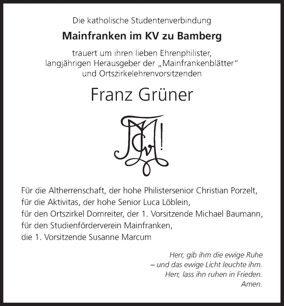 Traueranzeige für Franz Grüner